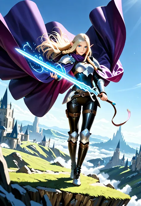 a picture of a female elf, fantasy swashbuckler, fantasy fencer, armed with a slim sword, shinning sword, magical sword, metallic shine, colorful clothes, full body, epic beautiful female elf, blond hair, braided hair, small pointed ears, wearing purple c...