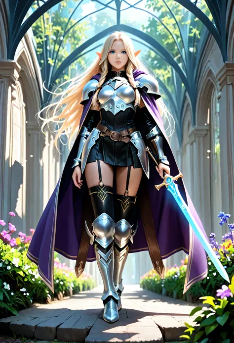 a picture of a female elf, fantasy swashbuckler, fantasy fencer, armed with a slim sword, shinning sword, magical sword, metallic shine, colorful clothes, full body, epic beautiful female elf, blond hair, braided hair, small pointed ears, wearing purple c...