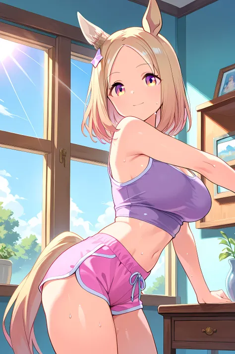 narita top road \(umamusume\),(((masterpiece))),(((detailed)))((best quality)),((hyper detailed)),(beautiful),((shinythighs)),(((shiny skin))),(high quality skin),((8k)),((high resolution)),light smile and light blush,closed mouth,very sweaty,Striking a yo...