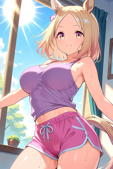 narita top road \(umamusume\),(((masterpiece))),(((detailed)))((best quality)),((hyper detailed)),(beautiful),((shinythighs)),(((shiny skin))),(high quality skin),((8k)),((high resolution)),light smile and light blush,closed mouth,very sweaty,Striking a yo...