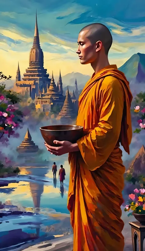 မြန်မာရဟန်းသာ သပိတ်ကိုင်ထားပုံ ပန်းချီပုံ background is myanmar bagan sense