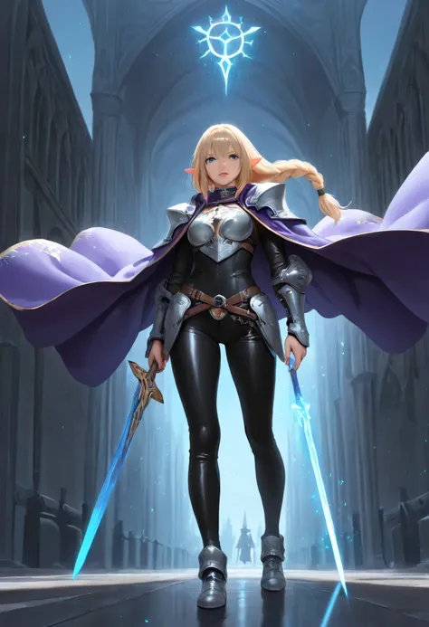 a picture of a female elf, fantasy swashbuckler, fantasy fencer, armed with a slim sword, shinning sword, magical sword, metallic shine, colorful clothes, full body, epic beautiful female elf, blond hair, braided hair, small pointed ears, wearing purple c...