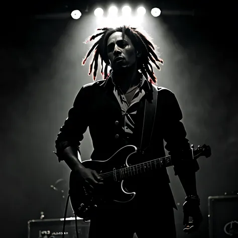 Bob Marley performing in a dark, smoky underground reggae club, gritty lighting, electric guitar in hand, crowd in silhouette, moody noir comic book style, dramatic shadows, close-up composition, black and red tones — 9:16