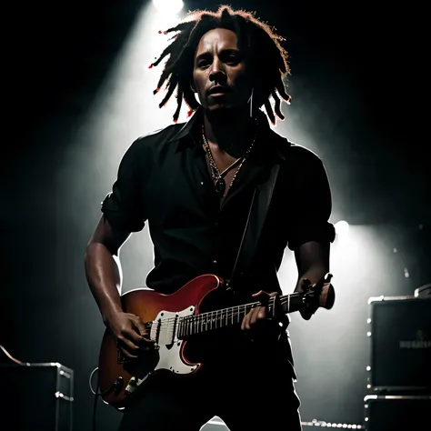 Bob Marley performing in a dark, smoky underground reggae club, gritty lighting, electric guitar in hand, crowd in silhouette, moody noir comic book style, dramatic shadows, close-up composition, black and red tones — 9:16
