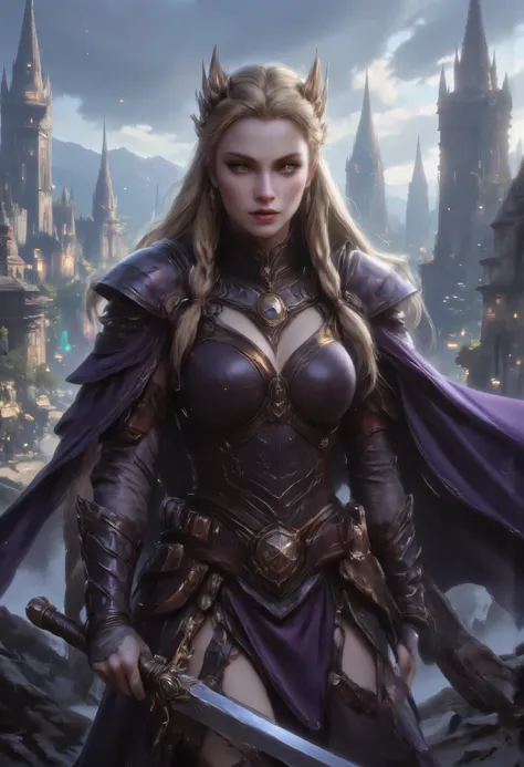 a picture of a female elf, fantasy swashbuckler, fantasy fencer, armed with a slim sword, shinning sword, magical sword, metallic shine, colorful clothes, full body, epic beautiful female elf, blond hair, braided hair, small pointed ears, wearing  purple c...