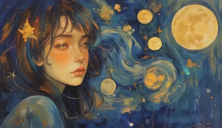 impressionist_ style ,oil ,brushstrokes that capture the essence of Impressionism with its vivacity, brilliant representation of a female face.This artwork includes、in the foreground a woman, with a delicate face and glowing eyes turning into starry skies ...