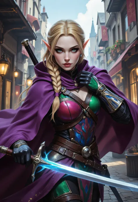 a picture of a female elf, fantasy swashbuckler, fantasy fencer, armed with a slim sword, shinning sword, magical sword, metallic shine, colorful clothes, full body, epic beautiful female elf, blond hair, braided hair, small pointed ears, wearing purple c...