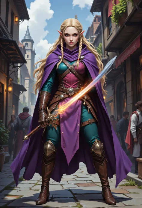 a picture of a female elf, fantasy swashbuckler, fantasy fencer, armed with a slim sword, shinning sword, magical sword, metallic shine, colorful clothes, full body, epic beautiful female elf, blond hair, braided hair, small pointed ears, wearing purple c...