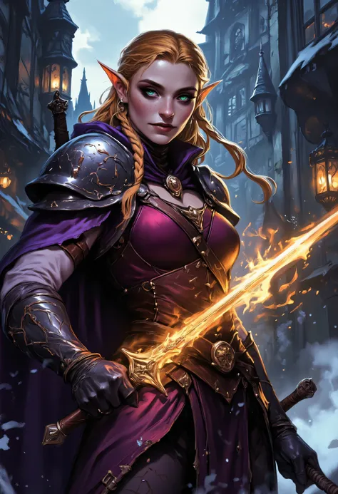a picture of a female elf, fantasy swashbuckler, fantasy fencer, armed with a slim sword, shinning sword, magical sword, metallic shine, colorful clothes, full body, epic beautiful female elf, blond hair, braided hair, small pointed ears, wearing purple c...