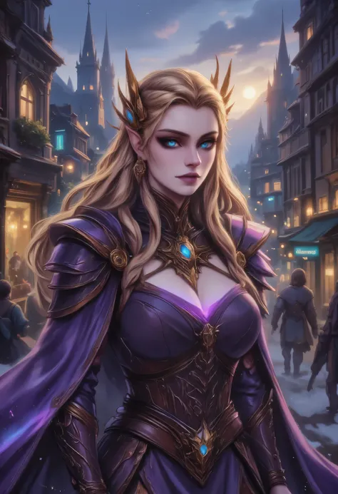 a picture of a female elf, fantasy swashbuckler, fantasy fencer, armed with a slim sword, shinning sword, magical sword, metallic shine, colorful clothes, full body, epic beautiful female elf, blond hair, braided hair, small pointed ears, wearing  purple c...