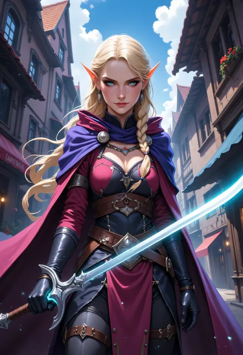 a picture of a female elf, fantasy swashbuckler, fantasy fencer, armed with a slim sword, shinning sword, magical sword, metallic shine, colorful clothes, full body, epic beautiful female elf, blond hair, braided hair, small pointed ears, wearing purple c...