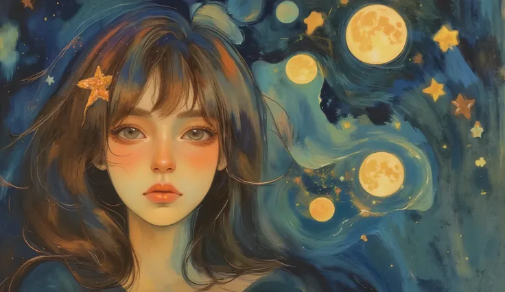impressionist_ style ,oil ,brushstrokes that capture the essence of Impressionism with its vivacity, brilliant representation of a female face.This artwork includes、in the foreground a woman, with a delicate face and glowing eyes turning into starry skies ...