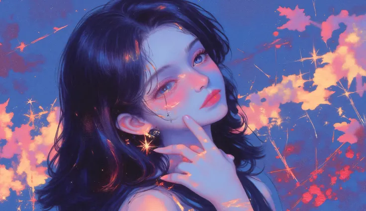 impressionist_ style ,oil ,brushstrokes that capture the essence of Impressionism with its vivacity, brilliant representation of a female face, high light in neon colors . This artwork includes、in the foreground a woman, with a delicate face, radiant white...