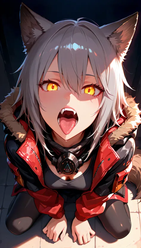 (best quality), (masterpiece), (ultra-detailed), absurdres, photorealistic, ProjektRed \(arknights\), solo, grey hair, hair between eyes, yellow eyes, flat_bangs, animal ears, animal tail, open_mouth, fangs, (ProjektRed:0.8), blunt_bangs, Wolf_girl, Wolf_e...