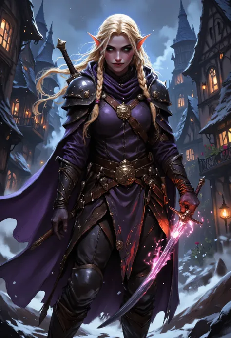 a picture of a female elf, fantasy swashbuckler, fantasy fencer, armed with a slim sword, shinning sword, magical sword, metallic shine, colorful clothes, full body, epic beautiful female elf, blond hair, braided hair, small pointed ears, wearing purple c...