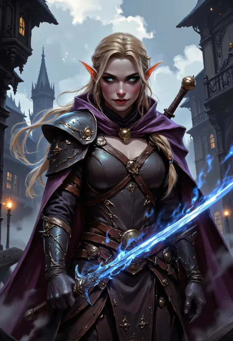 a picture of a female elf, fantasy swashbuckler, fantasy fencer, armed with a slim sword, shinning sword, magical sword, metallic shine, colorful clothes, full body, epic beautiful female elf, blond hair, braided hair, small pointed ears, wearing purple c...