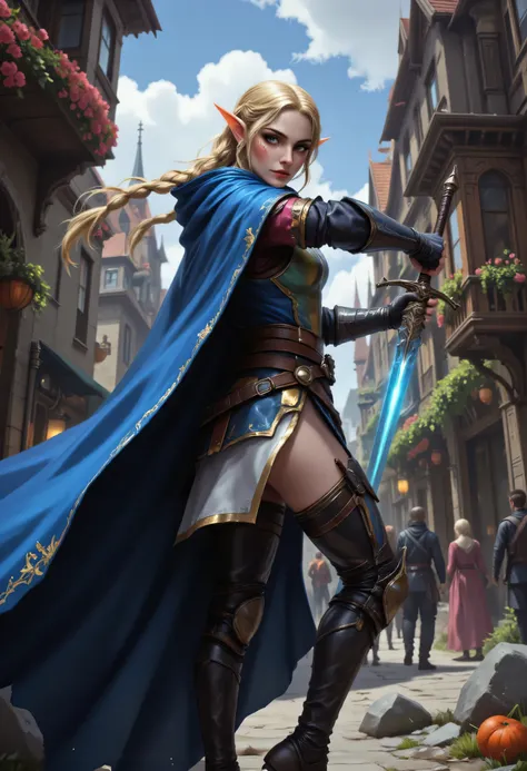 a picture of a female elf, fantasy swashbuckler, fantasy fencer, armed with a slim sword, shinning sword, magical sword, metallic shine, colorful clothes, full body, epic beautiful female elf, blond hair, braided hair, small pointed ears, wearing blue clo...
