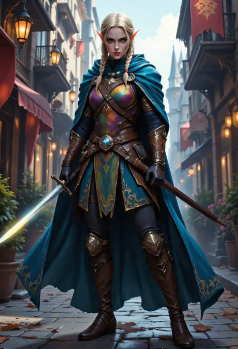 a picture of a female elf, fantasy swashbuckler, fantasy fencer, armed with a slim sword, shinning sword, magical sword, metallic shine, colorful clothes, full body, epic beautiful female elf, blond hair, braided hair, small pointed ears, wearing blue clo...