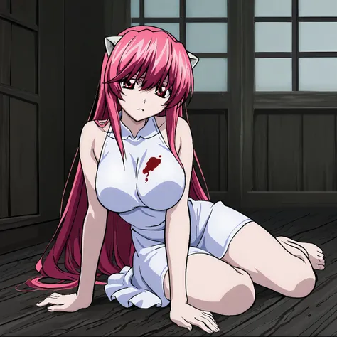 the best quality,masterpiece,anime style artwork ,1 girl,Lucy,elfen lied,long pink hair,red eyes,big breasts, lascivious look ,small white horns,hair between the eyes,white dress, barefoot,room,blood stained hair,dress stained with blood