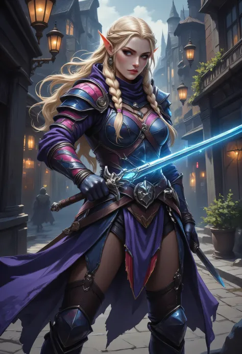 a picture of a female elf, fantasy swashbuckler, fantasy fencer, armed with a slim sword, shinning sword, magical sword, metallic shine, colorful clothes, full body, epic beautiful female elf, blond hair, braided hair, small pointed ears, wearing purple c...