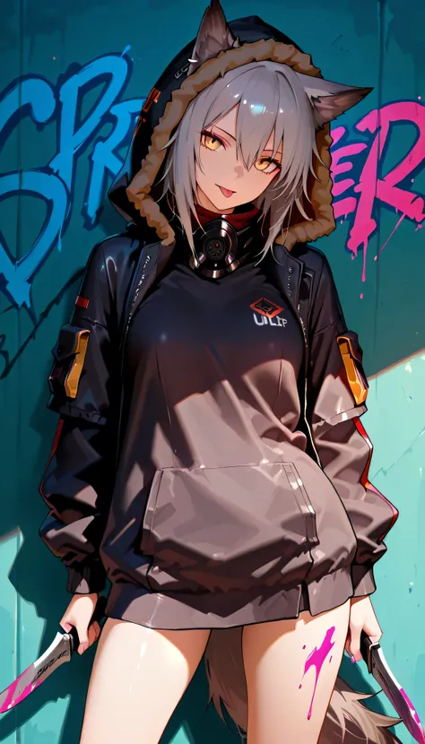 (best quality), (masterpiece), (ultra-detailed), absurdres, photorealistic, ProjektRed \(arknights\), ultra detailed face, perfect eyes, Beautiful eyes, Perfect lips, solo, grey hair, hair between eyes, yellow eyes, flat_bangs, animal ears, animal tail, (P...
