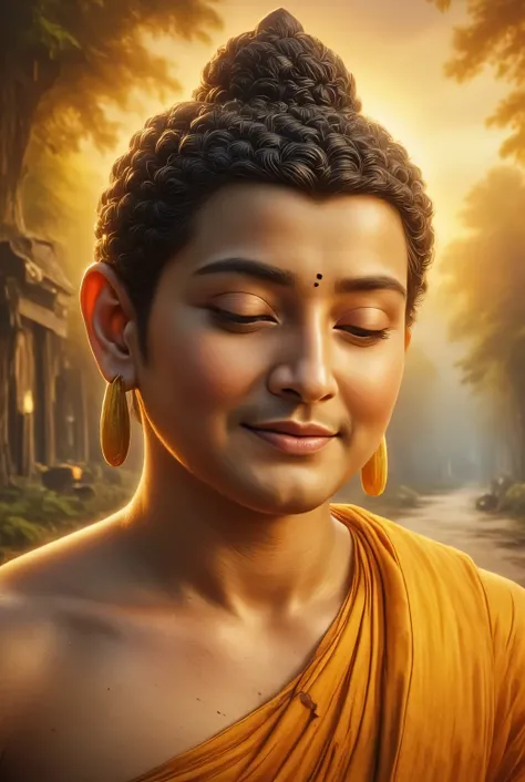 ရွှေရောင်တောက်ပနေသော မြန်မာ manly peaceful face of buddha blessing closed up tilt shot