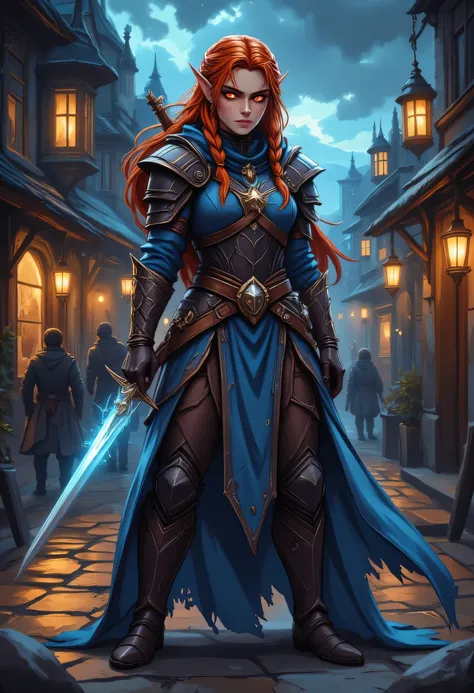 a picture of a female elf, fantasy swashbuckler, fantasy fencer, armed with a slim sword, shinning sword, magical sword, metallic shine, colorful clothes, full body, epic beautiful female elf, red hair, braided hair, small pointed ears, wearing blue cloak...