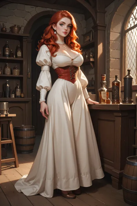 Create full body oil portrait of Dellaina: You are ,  thin, large breasts and narrow waist, hip-length dark copper red hair, wavy,  is wearing a drial , pearl gray eyes ,  in a room in medieval times 