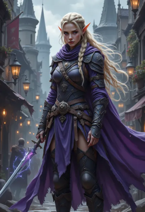 a picture of a female elf, fantasy swashbuckler, fantasy fencer, armed with a slim sword, shinning sword, magical sword, metallic shine, colorful clothes, full body, epic beautiful female elf, blond hair, braided hair, small pointed ears, wearing purple c...