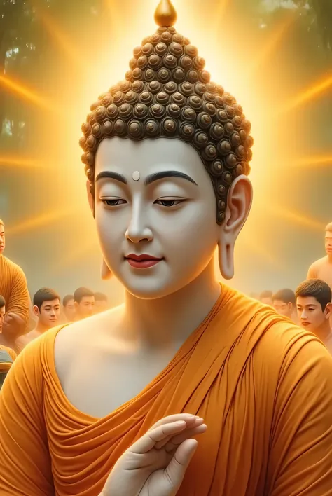 ရွှေရောင်တောက်ပနေသော မြန်မာ manly peaceful face of buddha blessing closed up tilt shot ears details