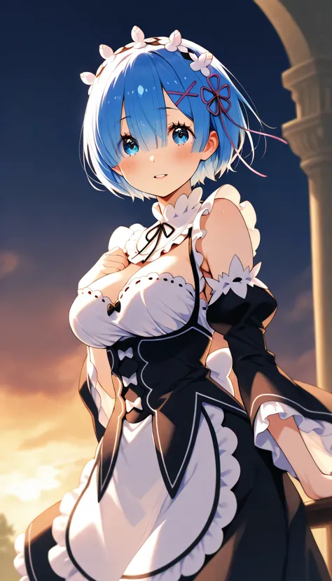 Rem de re:Zero short hair looking at the viewer with a gentle look and fluffy blush, detailed eyes, detailed hair, detailed clothing, detailed face