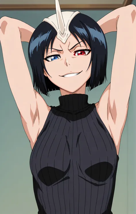 masterpiece, best quality, amazing quality, anime screencap, anime coloring, 1girl, solo, 3m1l0u, heterochromia, blue eyes, red eyes, black hair, short hair, single horn, black sweater, sleeveless sweater, ribbed sweater, turtleneck, small breasts, skinden...