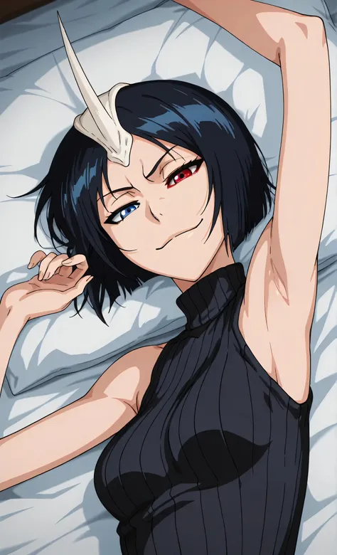 masterpiece, best quality, amazing quality, anime screencap, anime coloring, 1girl, solo, 3m1l0u, heterochromia, blue eyes, red eyes, black hair, short hair, medium breasts, single horn, black sweater, sleeveless sweater, ribbed sweater, turtleneck, small ...