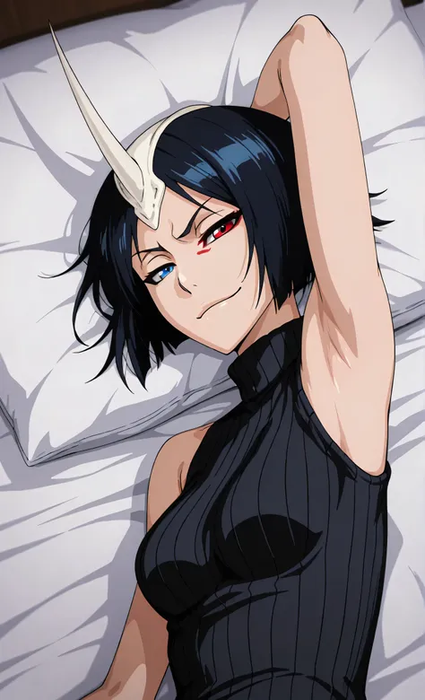 masterpiece, best quality, amazing quality, anime screencap, anime coloring, 1girl, solo, 3m1l0u, heterochromia, blue eyes, red eyes, black hair, short hair, medium breasts, single horn, black sweater, sleeveless sweater, ribbed sweater, turtleneck, small ...