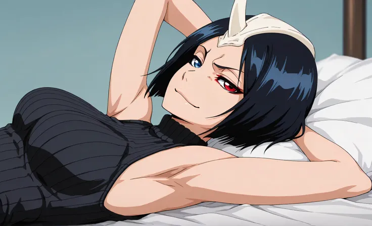 masterpiece, best quality, amazing quality, anime screencap, anime coloring, 1girl, solo, 3m1l0u, heterochromia, blue eyes, red eyes, black hair, short hair, medium breasts, single horn, black sweater, sleeveless sweater, ribbed sweater, turtleneck, small ...