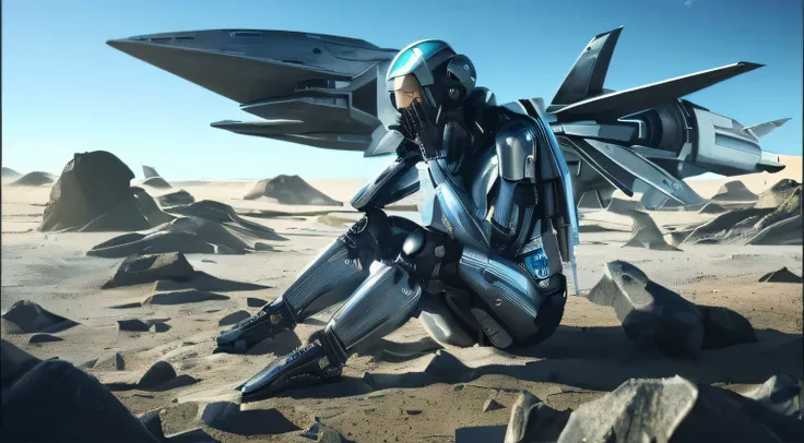 futuristic woman sitting on a rock in front of a spaceship, crying. scifi, beautiful crying female android!, crying beautiful female android!, crying cyborg woman, broken beautiful female android!, a cyborg meditating, depicted as a scifi scene, crying! an...