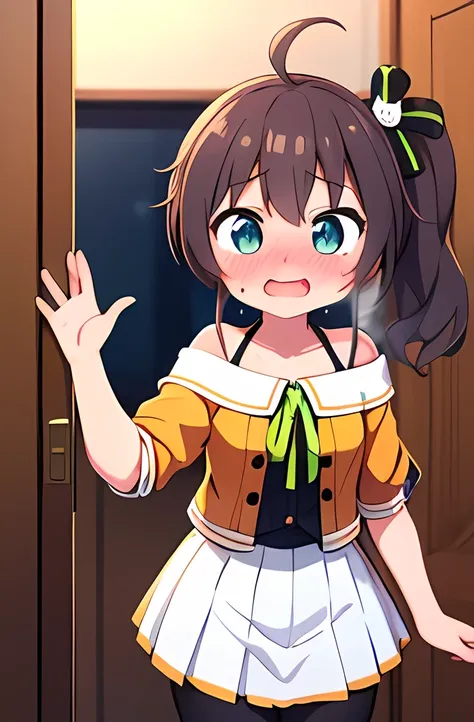 1girl ,Natsuiro matsuri ,side ponytail,smile ,(expectation ),open mouth,((in heat )),going home ,arm raised in the air,sweat ,(embarrassed ),in the house ,entrance ,cowboy shot,(face focus ),
