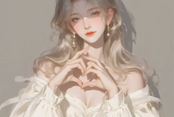 There's only one pale-haired woman with a pretty one , and a pleasant smile , fluffy strapless pajamas, she makes a big heart with her hands, and place it on your chest , Look at the collarbone 、 The background is monotonous when viewed from the fro...