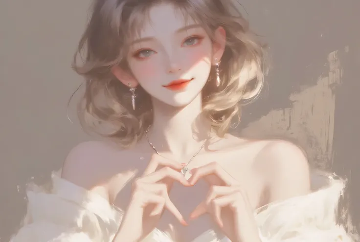 There is only one woman with pale and short hair with a pretty one , and a pleasant smile , fluffy strapless pajamas, she makes a big heart with her hands, and place it on your chest , Look at the collarbone 、 The background is monotonous when viewe...