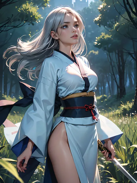 nsfw、high resolution, masterpiece, ((holding a sword wearing an anatomically correct 1.3))、top quality, ((textured skin 1.2)), 8k Octane, 1 girl、 Silver Hair、long hair、blue eyes、((Whole body 1.mall hips 1.mile、hair is shaking in the breeze、
［Long］、 Silver ...