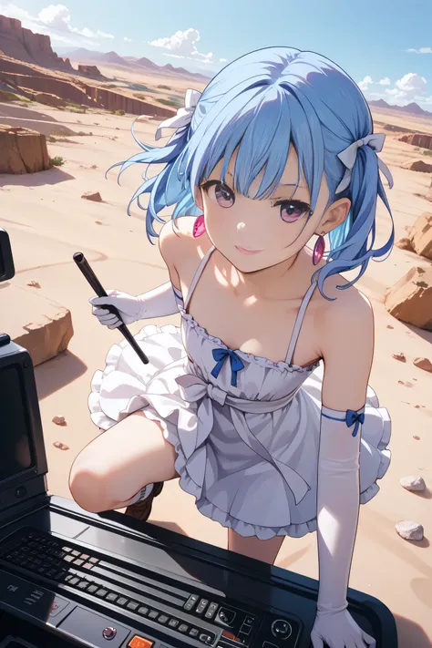 One female rider, very small chest, cockpit, riding pose, holding both control sticks, legs stretched out behind, on all fours, over a desolate desert, point of view close to touching the subject, artistic, reality, from above, Kotona Elegance, Zoids, blue...