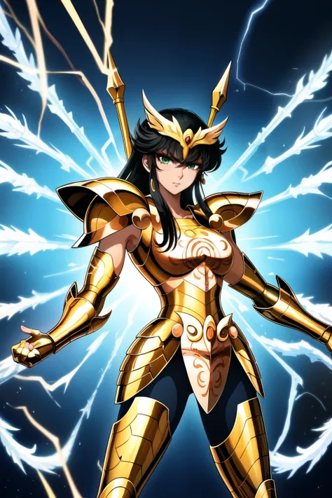 masterpiece, best quality, highres, solo, 1girl, saint seiya, green eyes, cloudy sky,fingerless gloves,medium breasts, pauldrons, electricity,energy ,