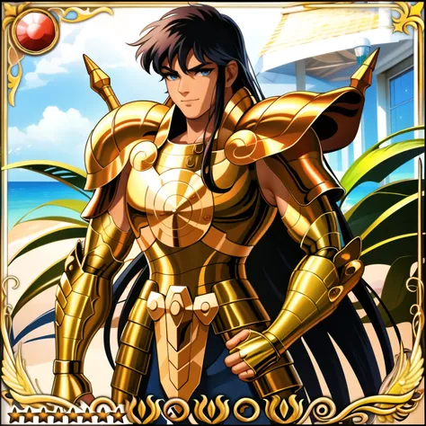 chef-d'artwork, best quality, high resolution, 1 femme, yeux verts, armure , Outside, topless, tanning on the beach next to his armor