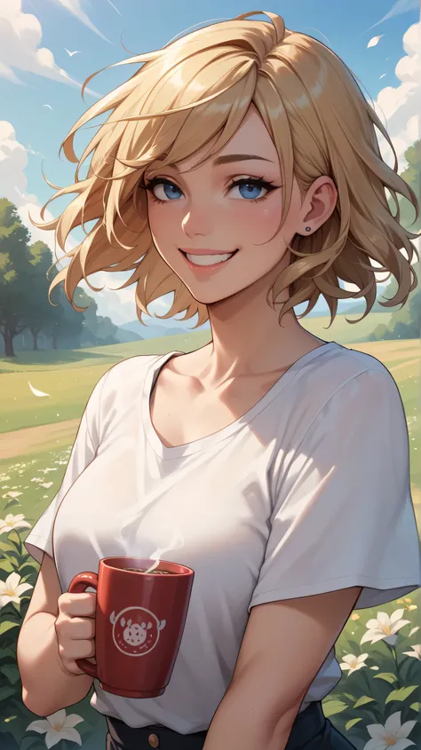 I held the cup out in front of me, a strong wind blew, causing my hair to flutter. The woman's face was smiling and sexy.