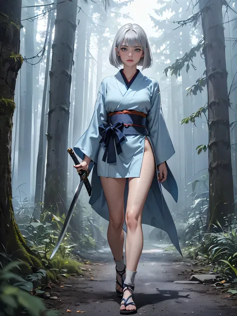 nsfw、high resolution, masterpiece, ((Wears an anatomically correct sword.3))、top quality, ((textured skin 1.2)), 8k Octane, 1 girl、 silver hair、Long、blue eyes、((Full body 1.mole hips 1.、bob hair、((long bangs))、
(short hair)、 silver hair,  Soft hair for cel...