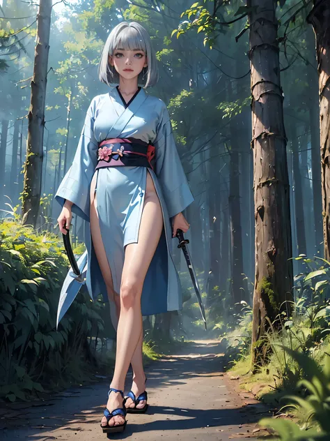 nsfw、high resolution, masterpiece, ((Wears an anatomically correct sword.3))、top quality, ((textured skin 1.2)), 8k Octane, 1 girl、 silver hair、Long、blue eyes、((Full body 1.mole hips 1.、bob hair、((long bangs))、
(short hair)、 silver hair,  Soft hair for cel...