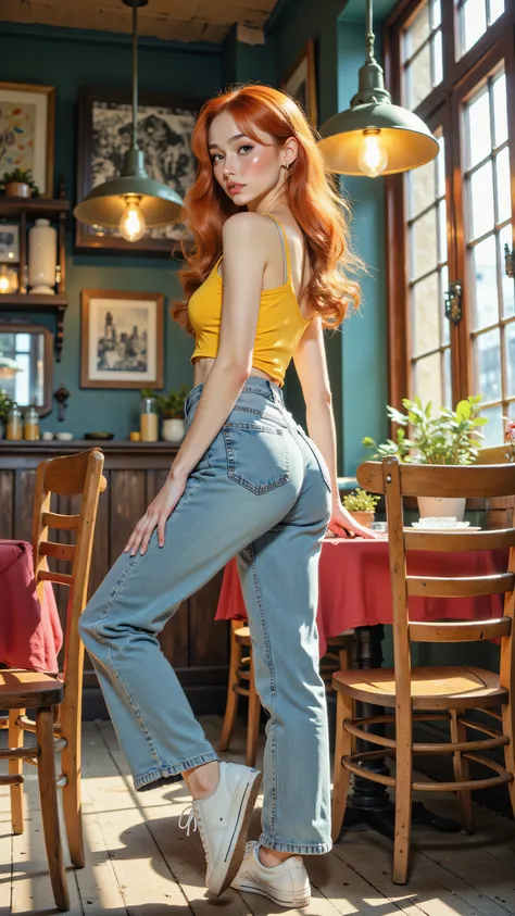 8k, Masterpiece, Top Quality, (Korea's Beautiful Women), Low-angle, back-view, orang hair, serious expression, yellow tank top, light blue jeans, high-waisted, bent leg, casual pose, white sneakers, rustic interior, wooden chair, table, red tablecloth, ...