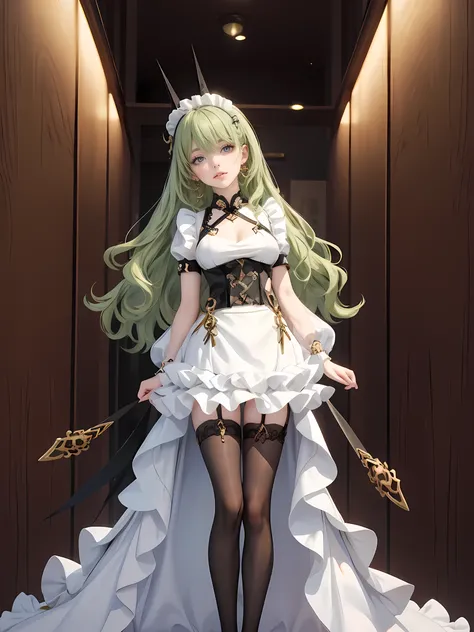 1girl, green hair, harness, black chinese cropped and skirt, chinese maid design, solo, buns hairstyle, symmetrical gloves, high socks, puffed socks, white cropped, harness, chinese maid dress, v neckline, garter on the legs, standing up, white apron, maid...