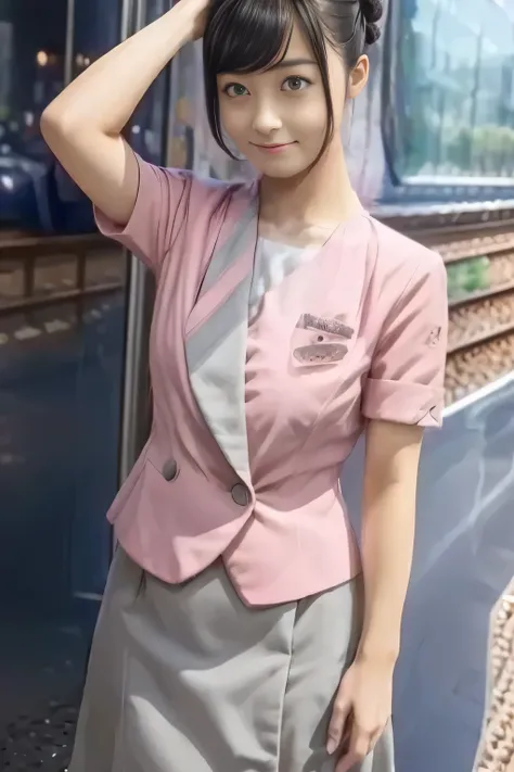 (masterpiece:1.2, top quality:1.2), 32kHDR, nothing , (alone、 1 girl)、( Daytime building roof 、 professional lighting)、 Facing roof of building 、( Nankai train crew uniform pink real style )、(( Nankai train crew uniform pink short sleeve jacket))、((shor...