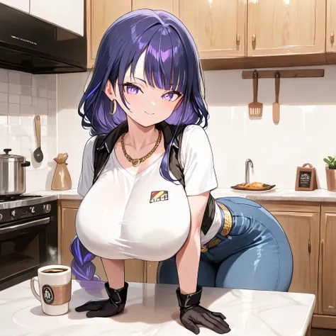 masterpiece, best quality, very aesthetic, absurdres, safe, raiden shogun, beautiful purple eyes ,long braided hair, long purple hair ,pony, android 18 costume ,wearing a plain white t-shirt layered over a black vest-style top , Her pants are light blue je...